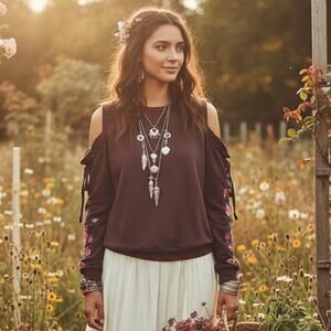 Umgee Brown Cold shoulder Sweatshirt with Floral Embroidery SZ L